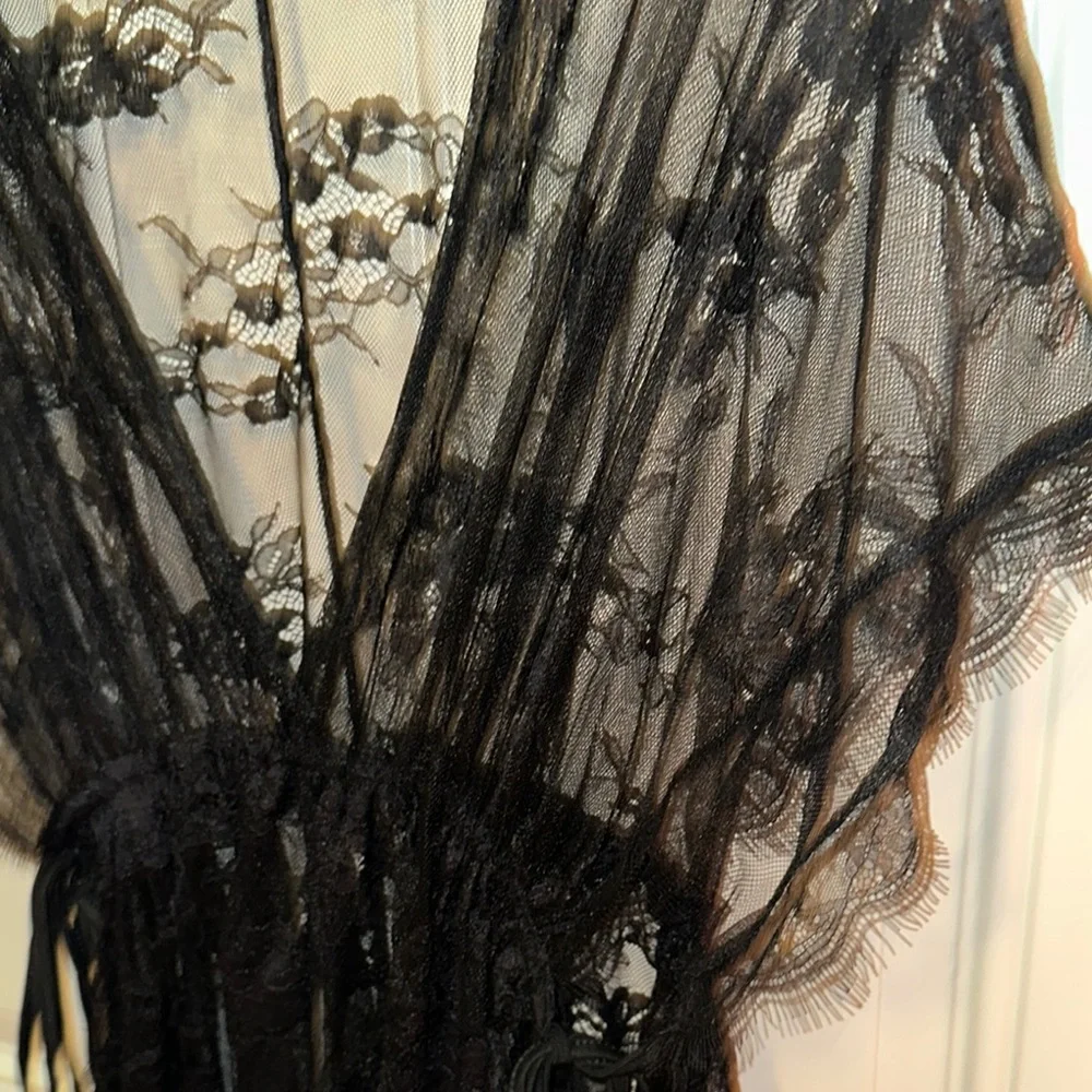 Vvbehot Sheer Black Lace Robe‎ with Deep V-Neck and Flowing Design